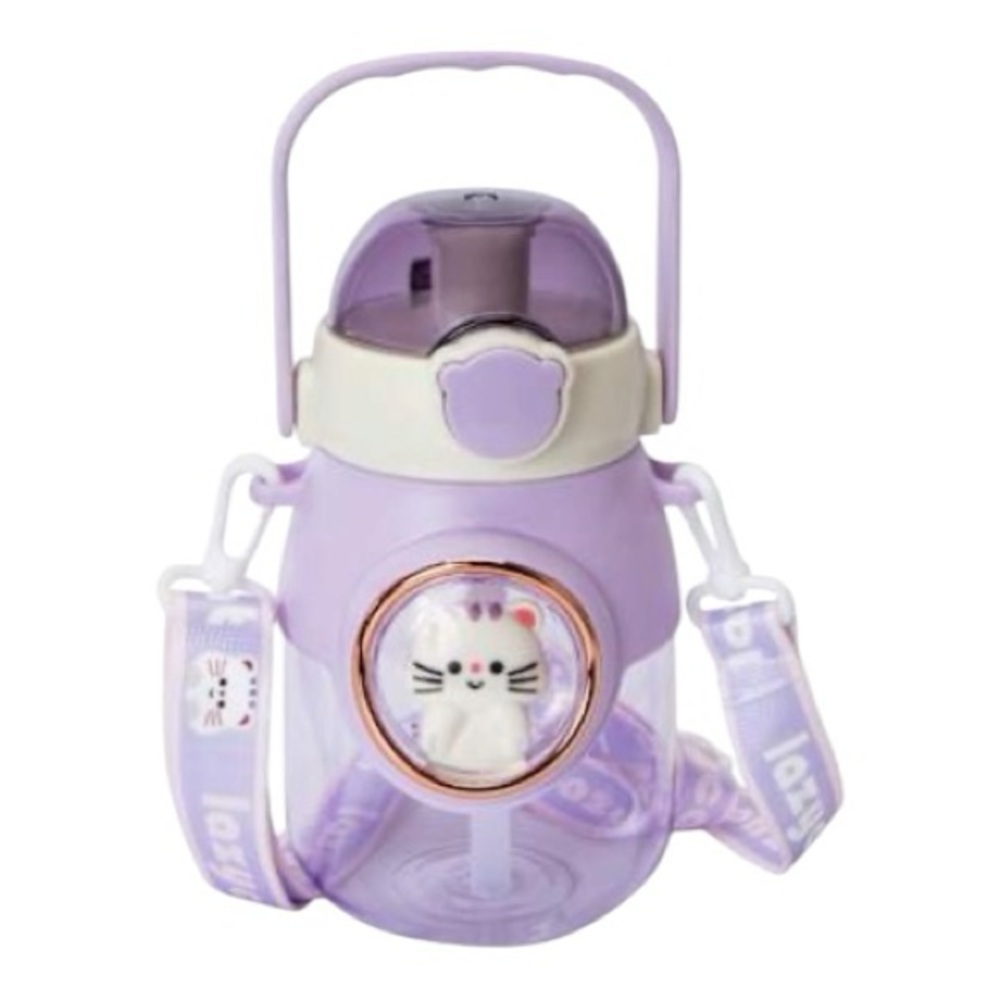 Cat Water Bottle 27oz. With handle and adjustable strap-Purple - White. Lazycat